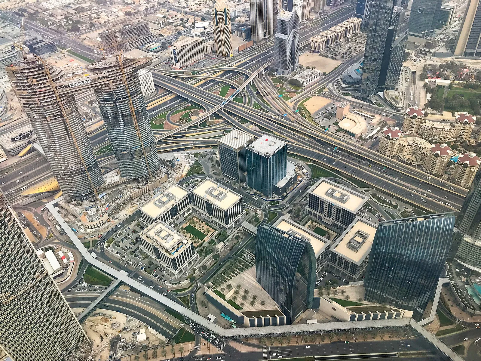 Dubai city towers and Sheikh Zayed Road viewed from above